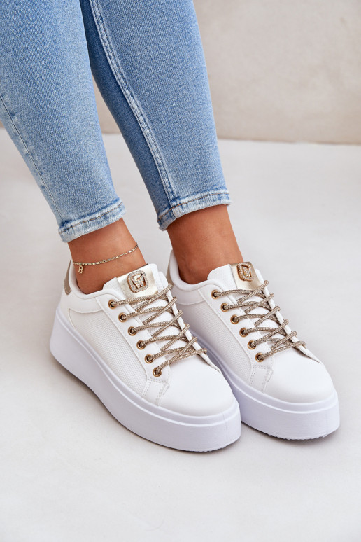 Chaussures modèle baskets avec une plateforme Avec des décorationsi SznuróÀkami Blanc-couleur dorée Fonetha Chaussures modèle baskets avec une plateforme Avec des décorationsi SznuróÀkami Blanc-couleur dorée Fonetha