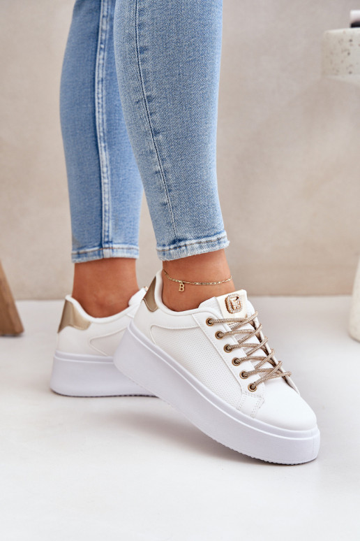 Chaussures modèle baskets avec une plateforme Avec des décorationsi SznuróÀkami Blanc-couleur dorée Fonetha Chaussures modèle baskets avec une plateforme Avec des décorationsi SznuróÀkami Blanc-couleur dorée Fonetha