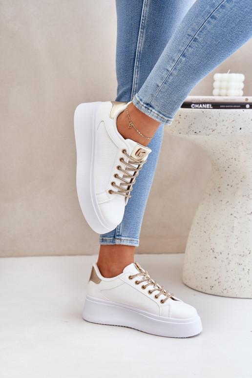 Chaussures modèle baskets avec une plateforme Avec des décorationsi SznuróÀkami Blanc-couleur dorée Fonetha Chaussures modèle baskets avec une plateforme Avec des décorationsi SznuróÀkami Blanc-couleur dorée Fonetha