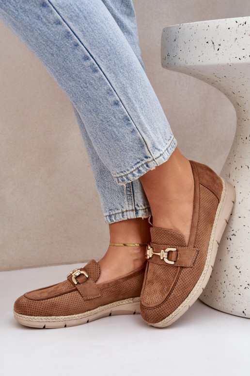 mit durchbrochenen Elementen Mokassins Ze goldene Farbem Detalem I JutoZuą Plecionką braune Farbe Lainer