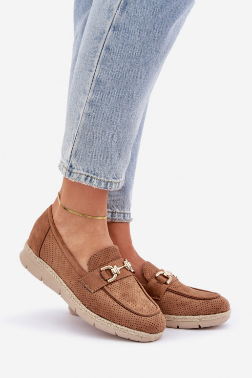 mit durchbrochenen Elementen Mokassins Ze goldene Farbem Detalem I JutoZuą Plecionką braune Farbe Lainer