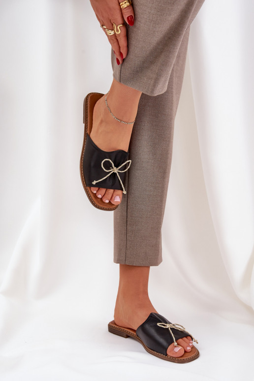 Hausschuhe Auf flacher Sohle dekorieren Kokardką schZuarze Farbe Deonelis Hausschuhe Auf flacher Sohle dekorieren Kokardką schZuarze Farbe Deonelis