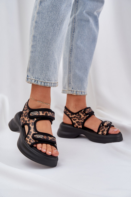 Eko Leer LichtgeInicht sandalen met platform met luipaardbontpatronen bruine kleur Deniffia