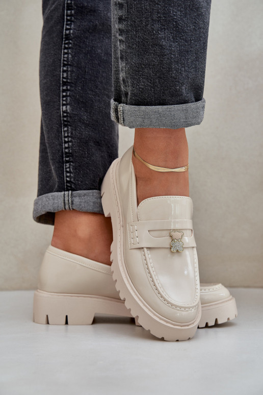 Gelakte mocassins Dames Z Przypinką teddyberen beige INulinea Gelakte mocassins Dames Z Przypinką teddyberen beige INulinea