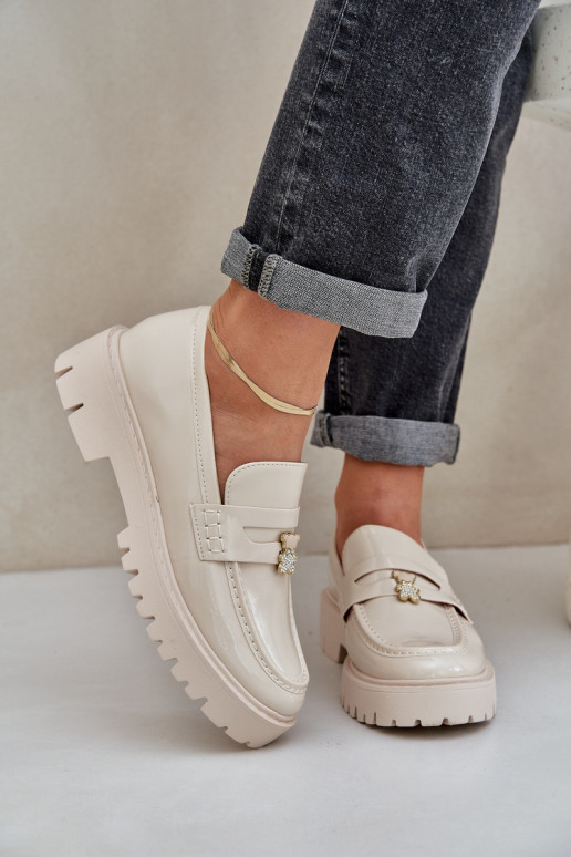 Gelakte mocassins Dames Z Przypinką teddyberen beige INulinea Gelakte mocassins Dames Z Przypinką teddyberen beige INulinea