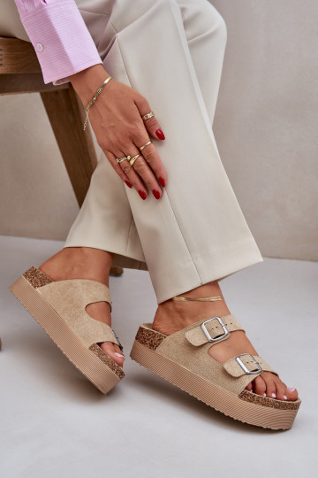 Damespantoffels met platform met gespen beige Aramia