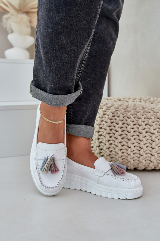 Peau mocassins pour femmes avec des franges avec une plateforme I Koturnie couleur blanche Eleazetta Peau mocassins pour femmes avec des franges avec une plateforme I Koturnie couleur blanche Eleazetta