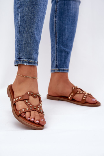 gedecoreerde platte dames slippers bruin Adivrae 2