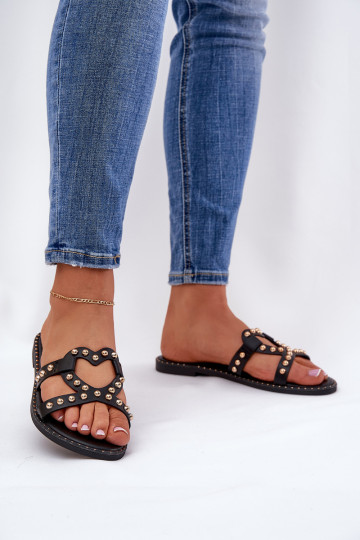 Chaussons décorés avec semelles plates couleur noire Adivrae 2