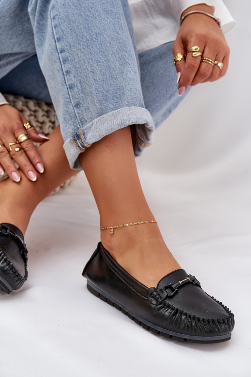 isocèle Peau Mocassins avec des ornements S.Barski LR51-547 couleur noire