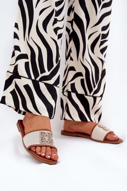 Style élégant Pantoufles pour femmes avec des ornements avec des talons larges marron Lovehia