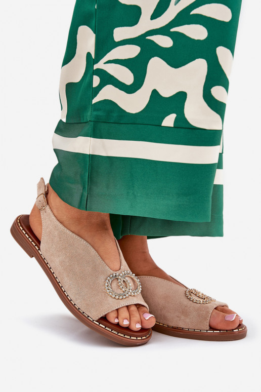 Dames sandalen met ornamenten met brede hakken van eco-suèdeoIne beige Ralisses