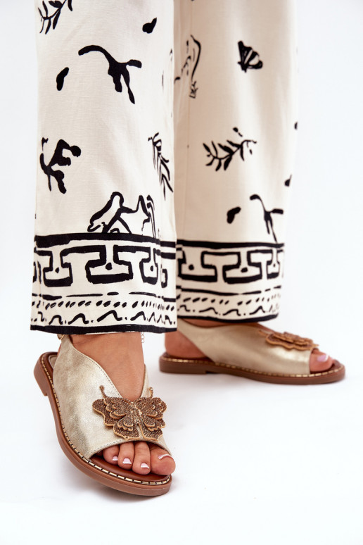 Damensandalen mit breiten Absätzen mit Ornamenten goldene Farbe Setorina