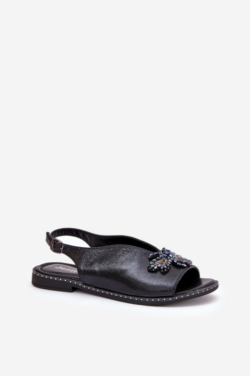 mit Glanz Damensandalen mit Ornamenten gleichschenklig schZuarze Farbe Russona