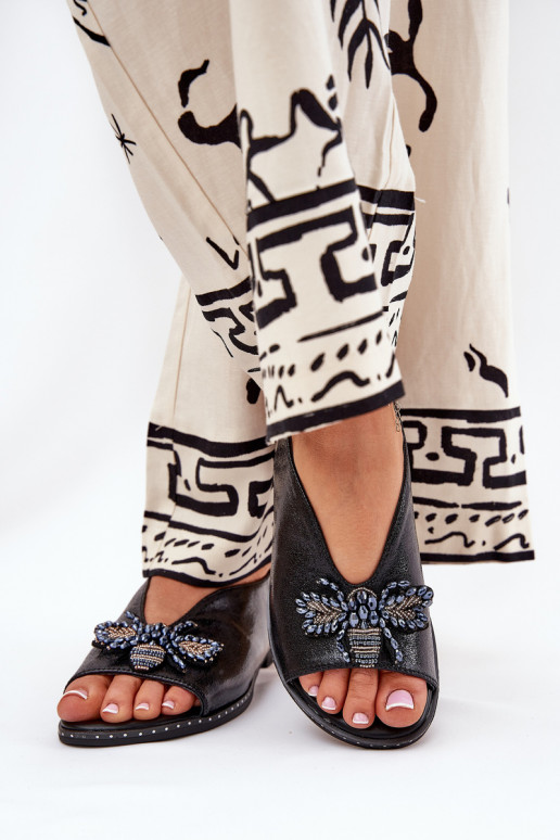 mit Glanz Damensandalen mit Ornamenten gleichschenklig schZuarze Farbe Russona