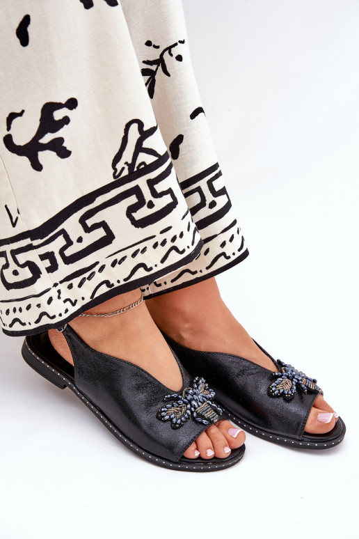 mit Glanz Damensandalen mit Ornamenten gleichschenklig schZuarze Farbe Russona