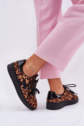 Laag sportschoenen Dames met luipaardbontpatronen bruine kleur Zelevelis