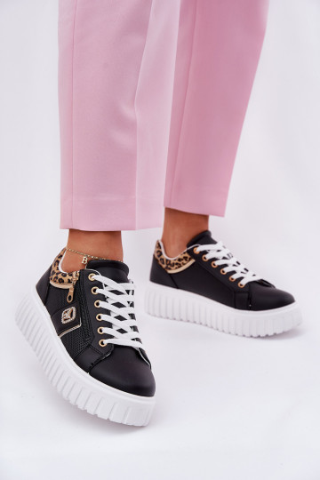 Turnschuhe Feminin mit einer Plattform aus Öko-Leder mit Leopardenfellmuster schZuarze Farbe Velionna 2