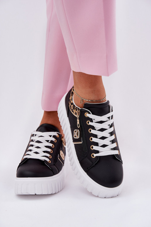 baskets Féminin avec une plateforme en cuir écologique avec des motifs en fourrure de léopard couleur noire Velionna