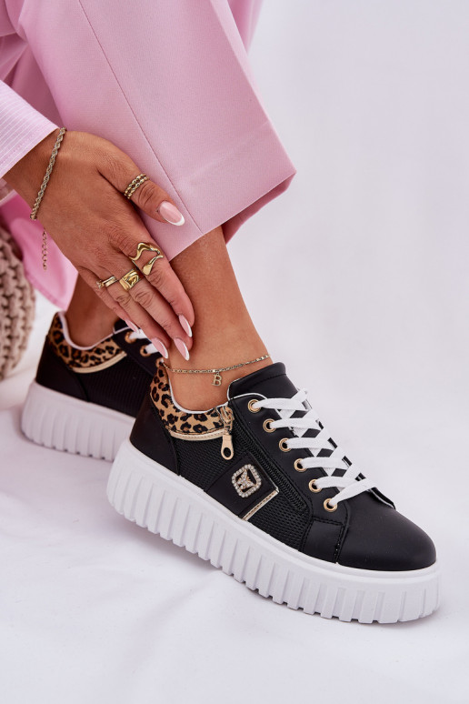 baskets Féminin avec une plateforme en cuir écologique avec des motifs en fourrure de léopard couleur noire Velionna