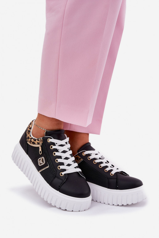 baskets Féminin avec une plateforme en cuir écologique avec des motifs en fourrure de léopard couleur noire Velionna