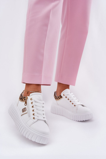 baskets Féminin avec une plateforme en cuir écologique avec des motifs en fourrure de léopard couleur blanche Velionna
