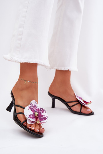 Dames slippers met dunne hakjes Met Kunstmatige Bloem zwarte kleur Reyi