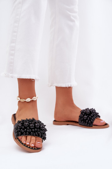 Chaussons Appartement pour femmes Avec des perles décoratives couleur noire Aricca