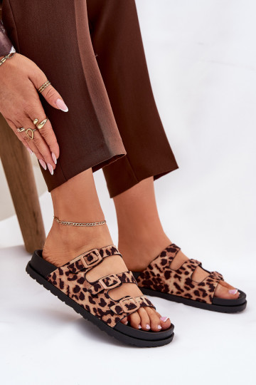 Dames slippers met bandjes en gespen met luipaardprint bruine kleur Uliri