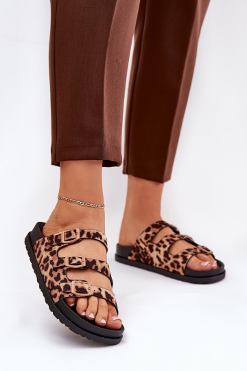 Chaussons pour femmes avec lanières et boucles avec motifs en fourrure de léopard couleur marron Uliri 2