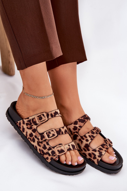 Pantoufles pour femmes avec des bandes I avec bouclesmi avec des motifs en fourrure de léopard marron Uliri Pantoufles pour femmes avec des bandes I avec bouclesmi avec des motifs en fourrure de léopard marron Uliri