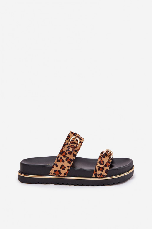 Damespantoffels met luipaardbontpatronen met platform Met Strepen I met gespenmi bruine kleur Ziferte Damespantoffels met luipaardbontpatronen met platform Met Strepen I met gespenmi bruine kleur Ziferte