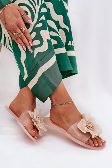 doorzichtige platte Dames pantoffels met kunstbloem in nude Vobetta