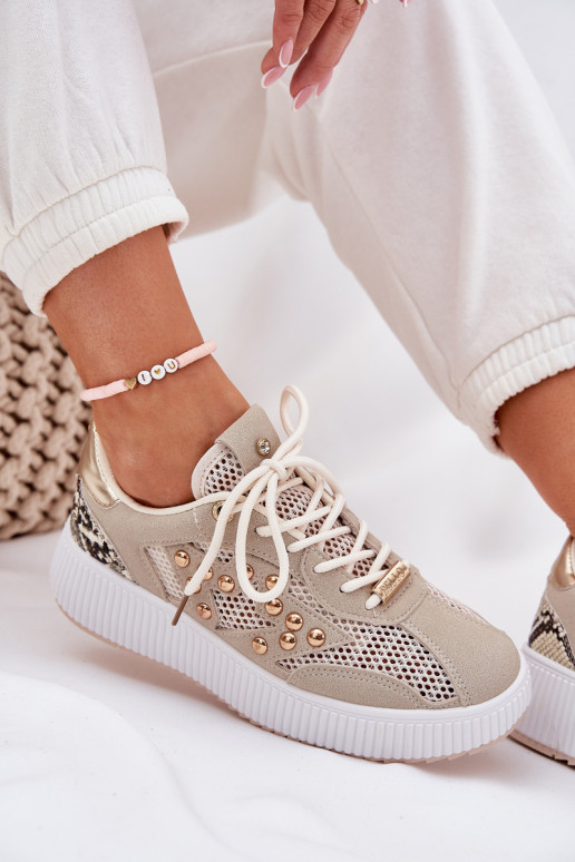 Turnschuhe Feminin mit Netz Und Stollen Beige Ogalda Turnschuhe Feminin mit Netz Und Stollen Beige Ogalda