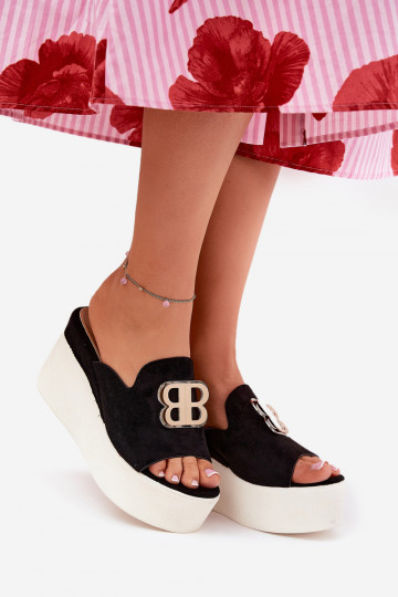 slippers met platform en hakken met ornamenten in zwart 2