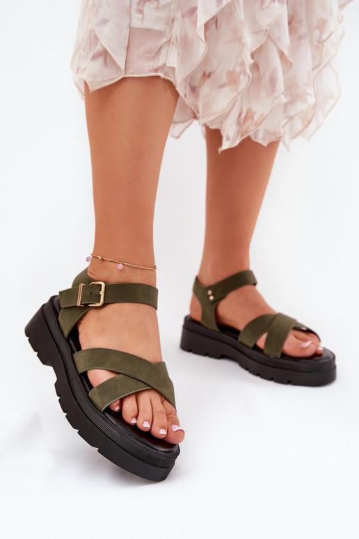Damensandalen mit einer Plattform aus Öko-Leder Khaki-Farbe-Farbe Gevinniser Damensandalen mit einer Plattform aus Öko-Leder Khaki-Farbe-Farbe Gevinniser