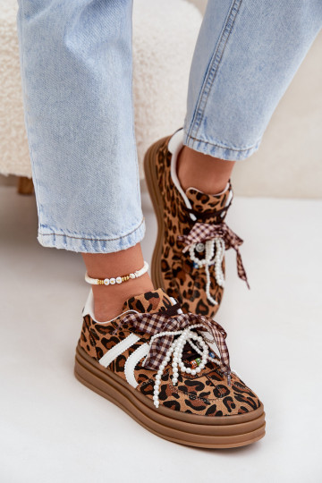 Sneakers model schoenen Dames met luipaardbontpatronen met platform met mooie details bruine kleur Vinness 2