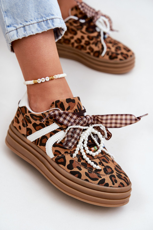 Sneakers model schoenen Dames met luipaardbontpatronen met platform met mooie details bruine kleur Vinness Sneakers model schoenen Dames met luipaardbontpatronen met platform met mooie details bruine kleur Vinness