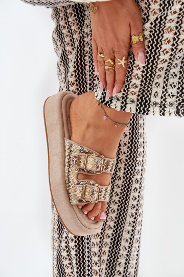 Pantoufles pour femmes avec une plateforme avec boucles I Plecionką couleur kaki Limme 2