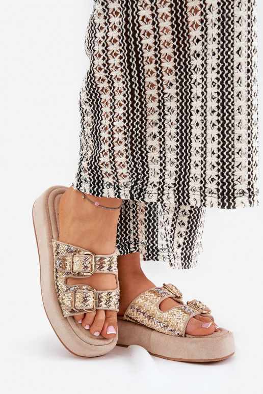 Pantoufles pour femmes avec une plateforme avec boucles I Plecionką couleur kaki Limme Pantoufles pour femmes avec une plateforme avec boucles I Plecionką couleur kaki Limme