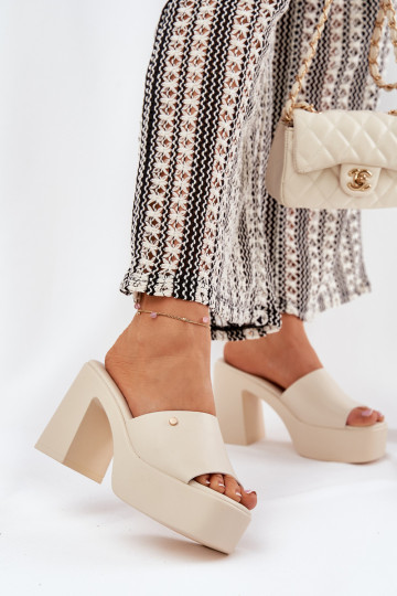 Dames Slippers van ecoleer met hakken en platform ivoor Tamirella