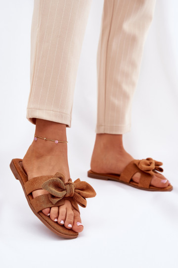 Platte Dames Slippers met Strikken Bruine kleur Tobin 2
