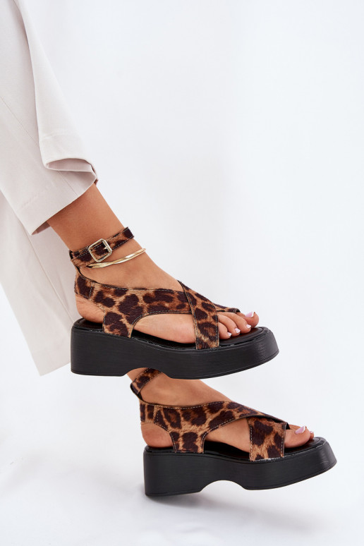 Sandales pour femmes avec une plateforme I Koturnie avec des motifs en fourrure de léopard marron Tenzorus Sandales pour femmes avec une plateforme I Koturnie avec des motifs en fourrure de léopard marron Tenzorus
