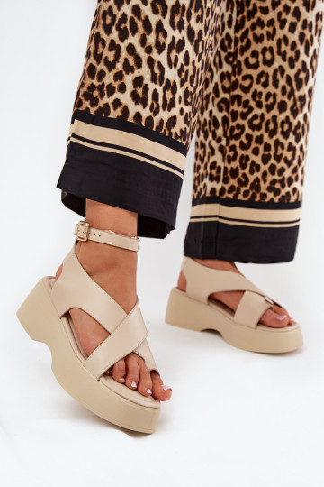 Dames sandalen met platform I Koturnie Eko Leer beige Tenzorus
