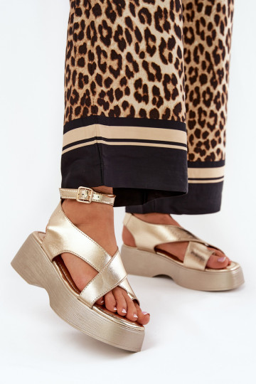 Dames sandalen met platform I Koturnie Eko Leer gouden kleur Tenzorus 2
