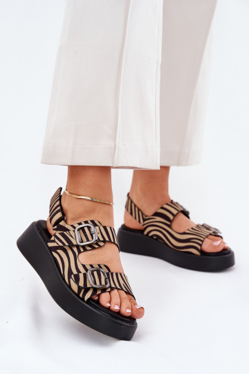 Sandales pour femmes avec une plateforme I Koturnie avec boucles Zebra beige-couleur noire Genorre