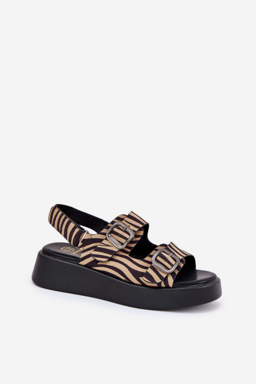 Sandales pour femmes avec une plateforme I Koturnie avec boucles Zebra beige-couleur noire Genorre