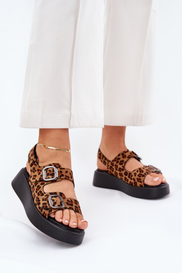 Dames Sandalen met Platform en Hakken met Gespen Luipaardprint Bruine kleur Genorre 2