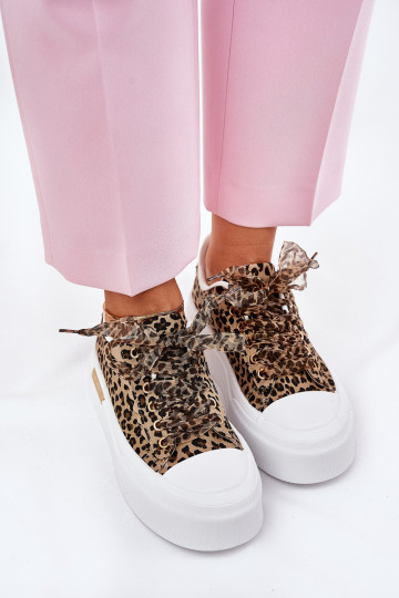 Freizeitschuhe mit einer Plattform Mit Dekorationen Schnürungm mit Leopardenfellmuster braune Farbe Zidora