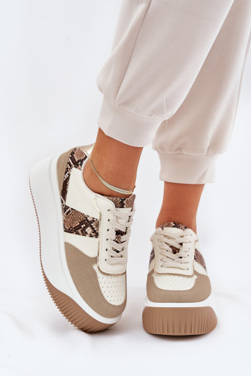 Chaussures modèle baskets Féminin avec une plateforme Motif animalier beige Telanila